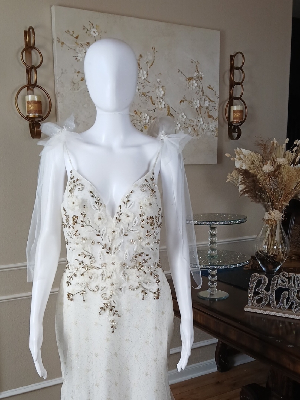 Mac Duggal White And Gold Crystals Tulle Bridal Mermaid Gown with Bow Straps - Picture 4 of 16
